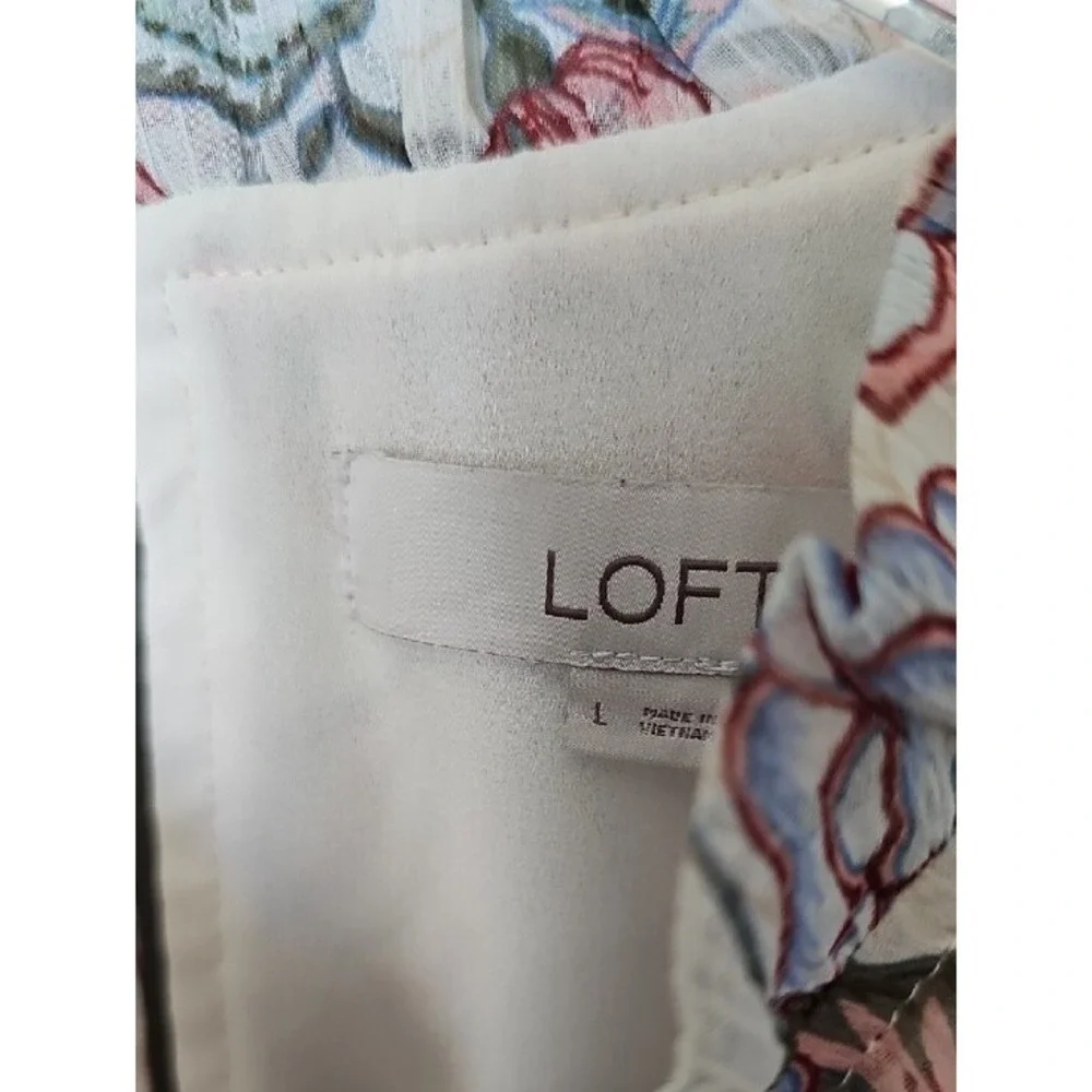 LOFT Women Cottagecore Floral Ruffle Neck Puff Sleeve Lined Blouse Size Large